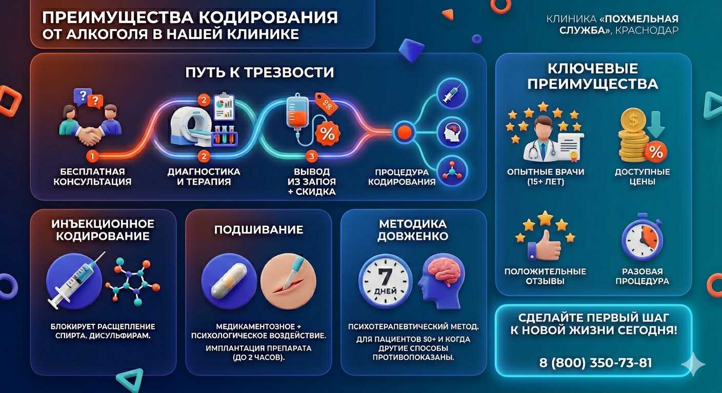 Инфографика о методах кодирования от алкоголя в Радужном: инъекции, подшивание, метод Довженко. Преимущества клиники и этапы лечения.
